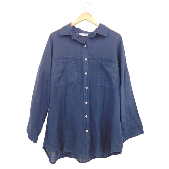 Tina Stephen Women's Navy 100% Linen Long Sleeves Button Down Shirt Top Size OS - Picture 1 of 5